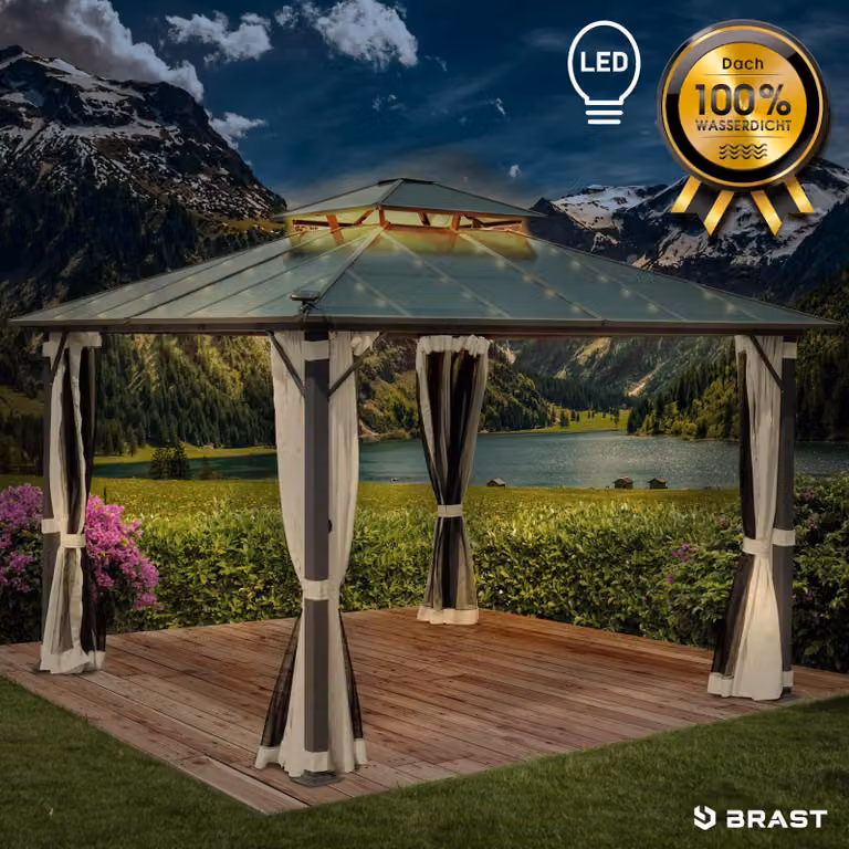 Padiglione in alluminio PAGODE 3,5x3,5 m beige con zanzariera e illuminazione a LED