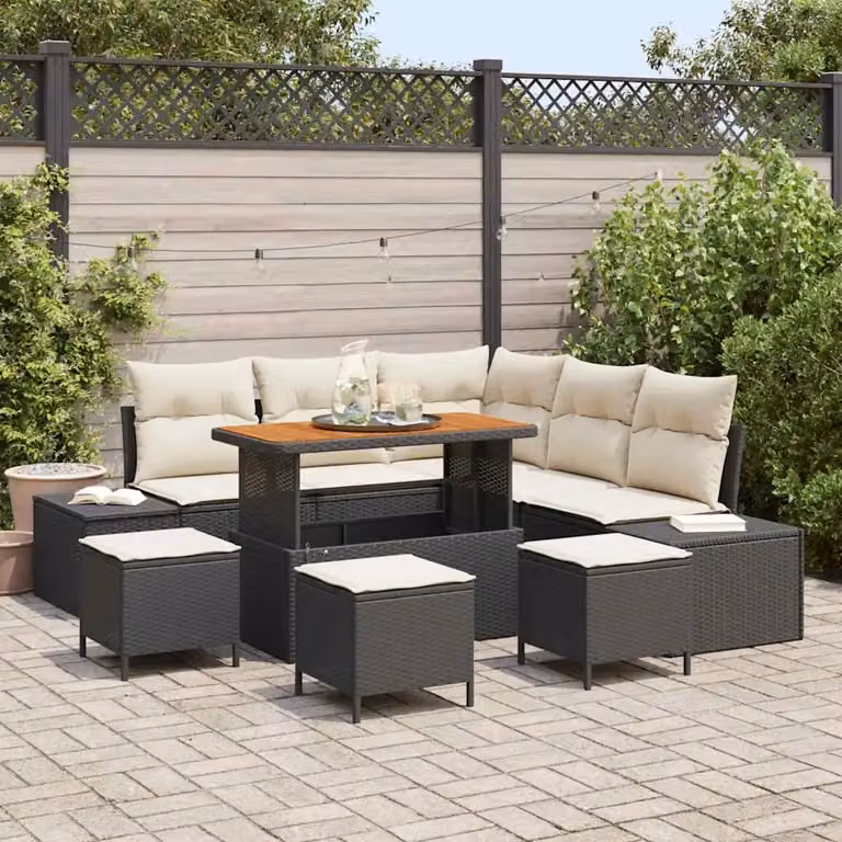 Set Divano da Giardino Moderno vidaXL a Forma di L in Polyrattan Nero con Cuscini e Tavolino da Esterno