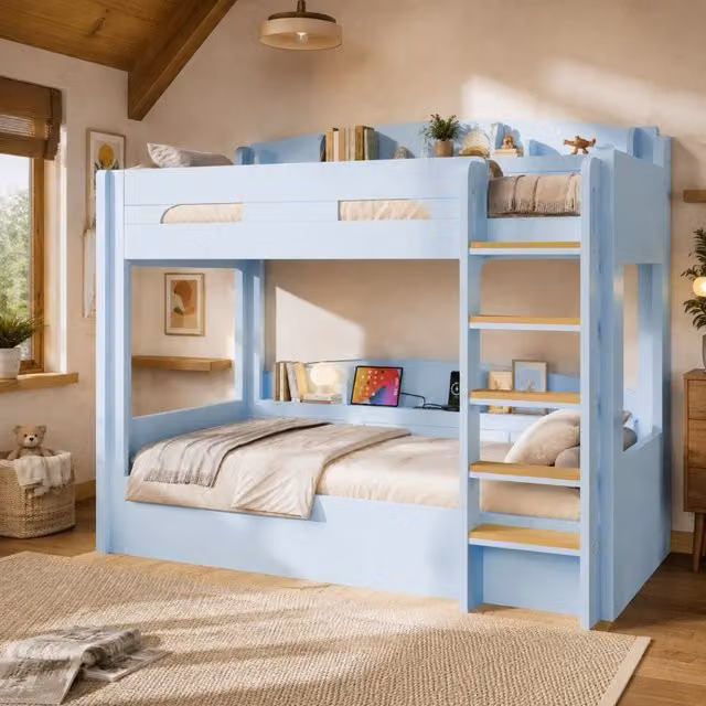 Letto a castello 90x200 cm con USB e vani portaoggetti; blu