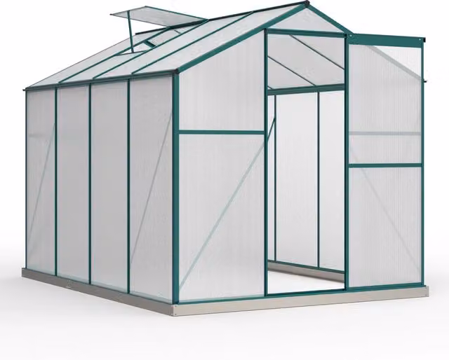 Serra in alluminio e policarbonato 4;75 m² con porta scorrevole e lucernario; fondazione zincata; 190x253 cm