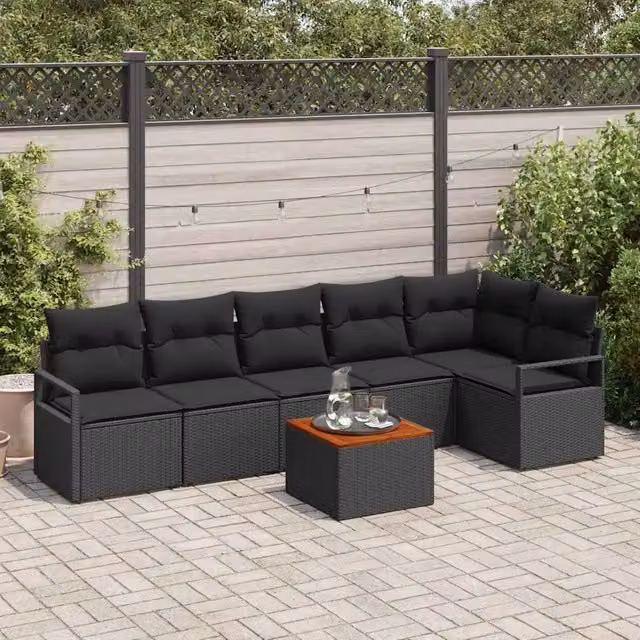 Set Divano da Giardino Moderno vidaXL in Polyrattan Nero con Legno di Acacia 7 pz – 1