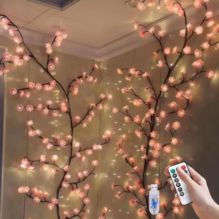 Catena luminosa a LED con motivo di fiori di ciliegio, 144 LED, alimentazione USB, telecomando, 8 modalità, timer