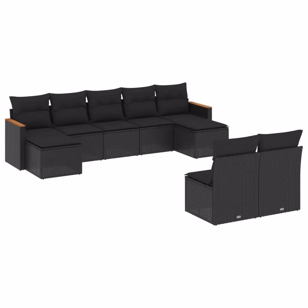Set di divani da giardino vidaXL 9 pz in rattan nero con cuscini e struttura in acciaio rivestito – 2
