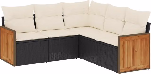 Set Salotto da Giardino a Forma di L composto da 5 Pezzi con Cuscini e Struttura in Metallo Nero e Polyrattan