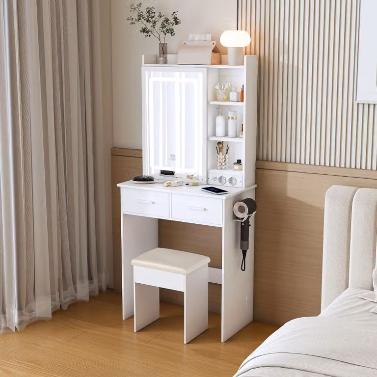 Okwish, specchio a LED per comò, illuminazione a tre livelli, porte USB e prese di corrente, incluso uno sgabello imbottito, design salvaspazio ideale per la camera da letto, colore bianco