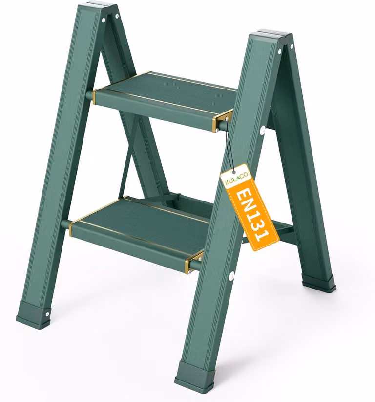 Scala multifunzione, scala a due gradini, pieghevole, capacità portante di 150 kg, con pedali larghi e antiscivolo, scala a chiusura automatica in alluminio, multifunzione