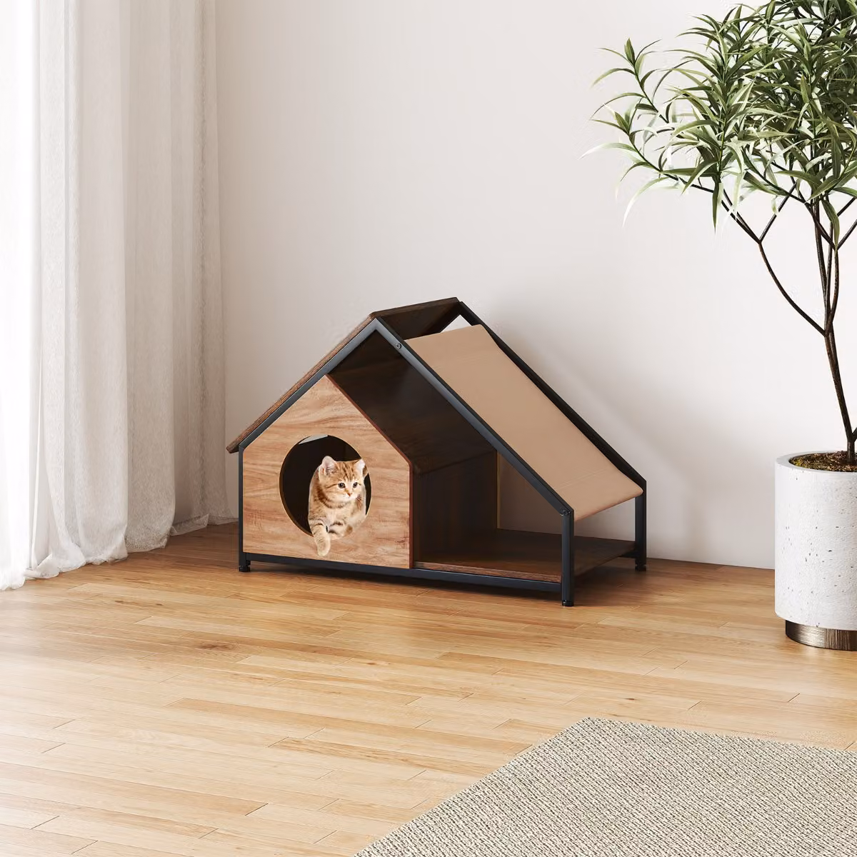 Casetta per gatti da interno Costway in legno e metallo marrone con stile industriale e tetto inclinato staccabile