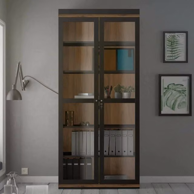 Vetrina Axinte con ante in vetro, Credenza espositiva e Madia moderna per soggiorno, L: 89 cm, P: 36 cm, H: 200 cm, Nero e Noce