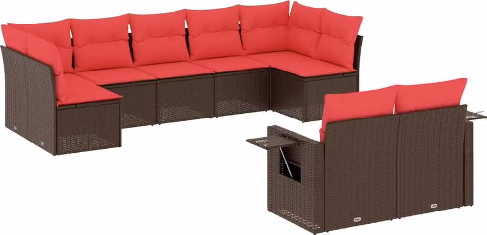 Set Divani da Giardino 9 pz con Cuscini Marrone in Polyrattan