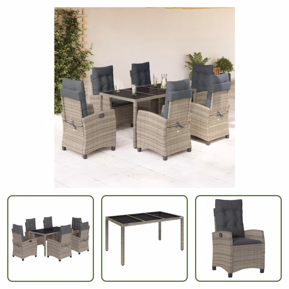 The Living Store Set da pranzo da giardino 7 pezzi con cuscini in poly rattan grigio