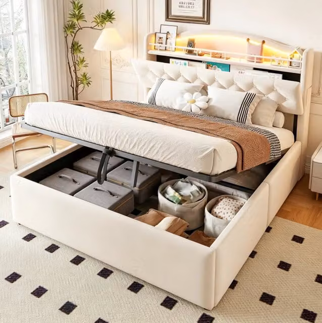 Letto contenitore imbottito ULEVR 140x200 cm con sollevamento idraulico, LED, USB e USB-C, velluto beige