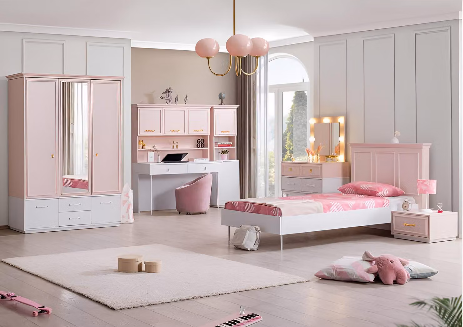 Set di mobili rosa per bambine, completo di armadio e scrivania
