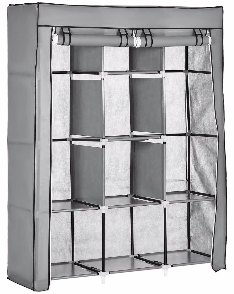 Armadio portatile in tessuto - Armadio pieghevole - 2 ante - 8 ripiani con aste appendiabiti - Struttura in metallo - Capacità massima: 55 kg - Dimensioni: 125 x 43 x 162,5 cm - Grigio chiaro