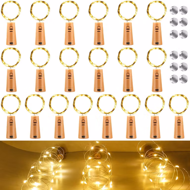 Luci a LED per bottiglie, confezione da 20, lunghezza 2 metri, luce bianco caldo, incluse 12 batterie di ricambio