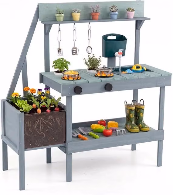 Cucina giocattolo in legno massello con fioriera rialzata per bambini, cucinetta montessori da esterno colore verde, L: 96 cm, P: 36,5 cm, H: 93 cm