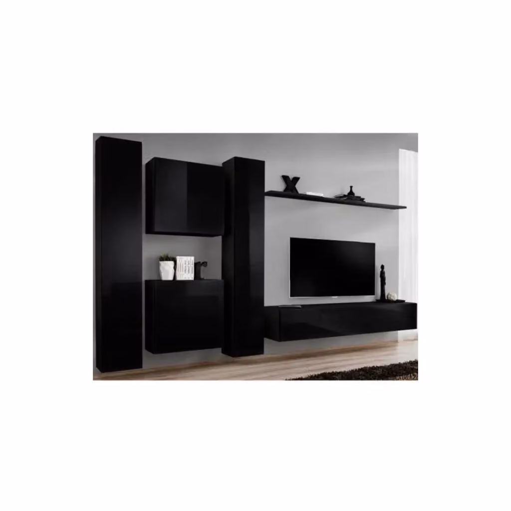 Composizione murale Meublorama SWITCH VI per soggiorno con mobile TV e colonne sospese, Nero lucido, L: 330 cm x H: 180 cm x P: 40 cm – 2