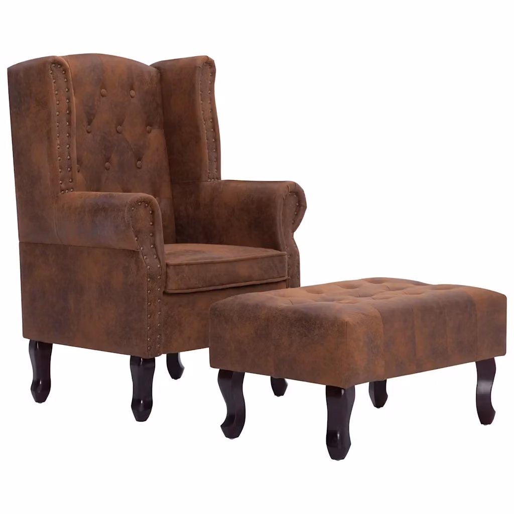 vidaXL Poltrona Chesterfield con Poggiapiedi in Ecopelle Marrone e Struttura in Legno Massello – 2