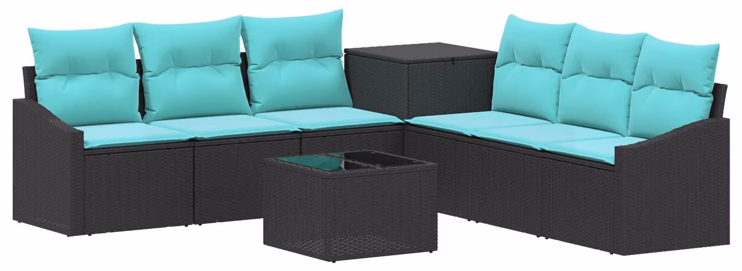 Set di divani da esterno, 8 pezzi, colore nero e blu, realizzato in rattan sintetico e acciaio
