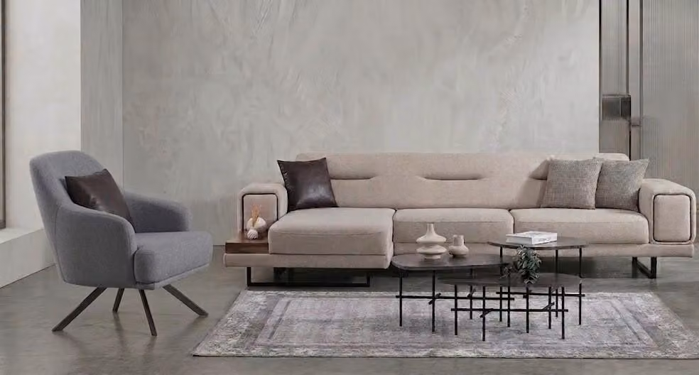 Divano angolare componibile, poltrona, confortevole, morbido, spazioso, elegante, color beige, blu