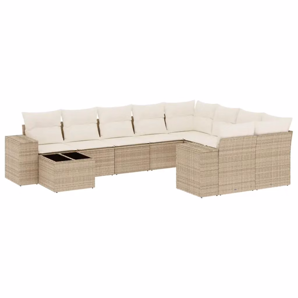 vidaXL Set Divano da Giardino 10 pz a Forma a L con Cuscini Beige e Tavolino da Esterno in Polyrattan e Acciaio – 2