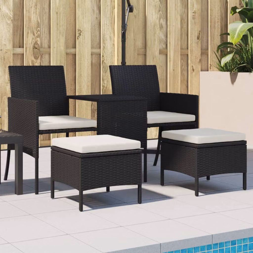 Set da giardino vidaXL moderno composto da divano a 2 posti con cuscini, tavolino da caffè e pouf, in rattan e metallo nero e bianco