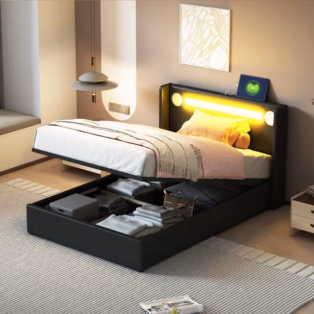 Letto singolo per bambini 90 × 200 cm con LED, Bluetooth, 2 porte USB e contenitore idraulico, senza materasso, nero
