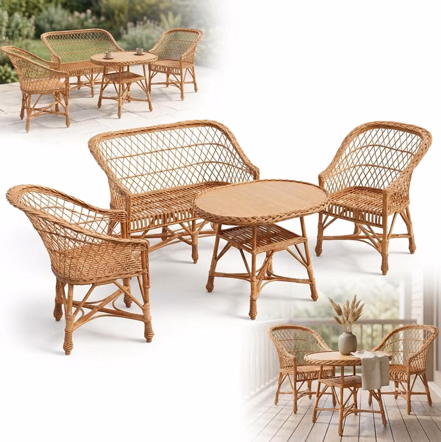 Set di MOBILI IN VIMINI da giardino: divano, 2 poltrone, tavolino, terrazza naturale