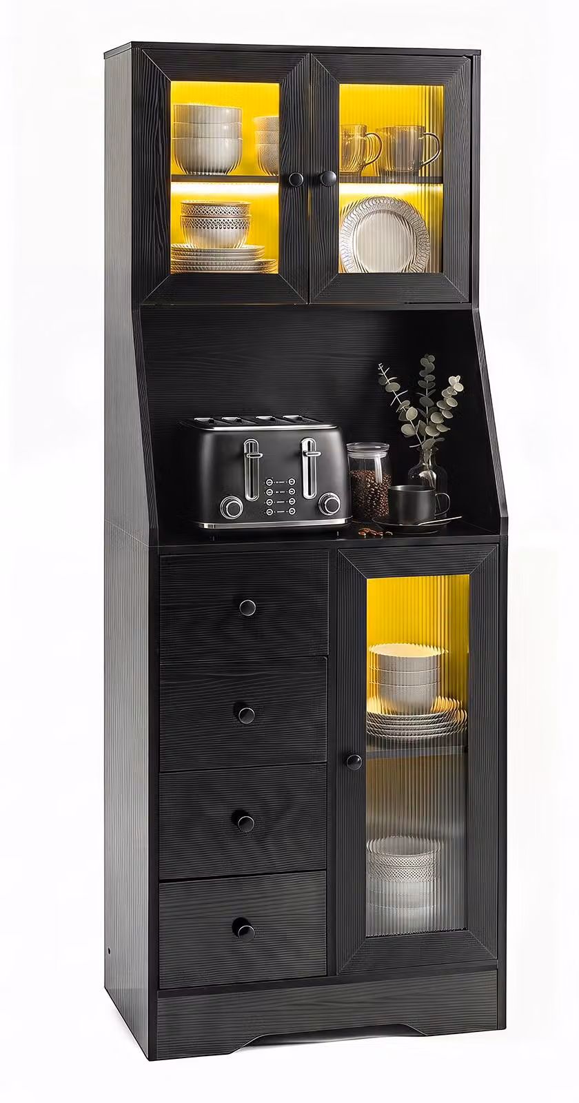 COSTWAY, mobile da cucina da 163 cm con piano di lavoro e illuminazione a LED, mobiletto buffet con 4 cassetti e 3 ante, dispensa da cucina in legno, mobiletto alto