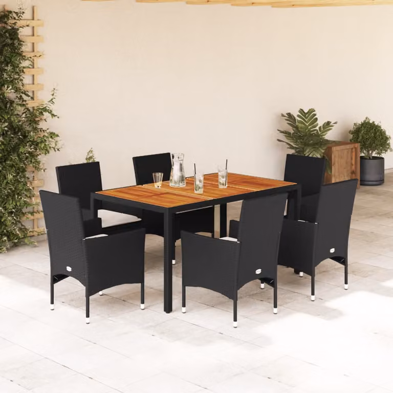 vidaXL Set Pranzo da Giardino 7 pz in Polyrattan e Legno di Acacia Nero con Cuscini Beige