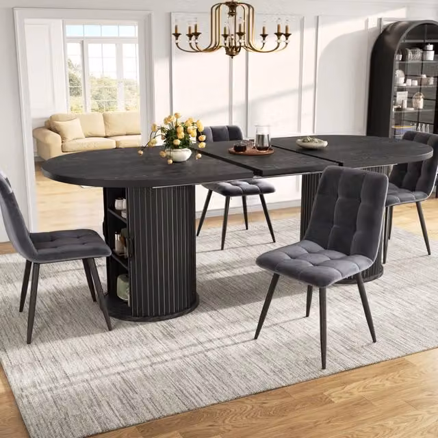Tavolo allungabile moderno REDOM nero in MDF con piano ovale e vano portaoggetti L/P/H: 150-190 x 80 x 75 cm