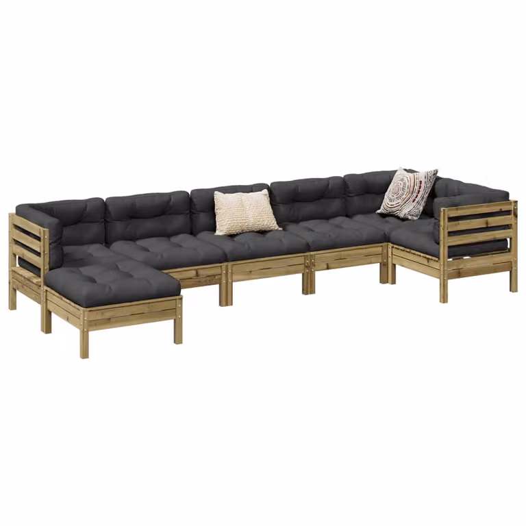 Set di Divani da Giardino vidaXL 7 Pezzi in Legno di Pino con Cuscini, Design a L e Colore Antracite, Marrone e Grigio