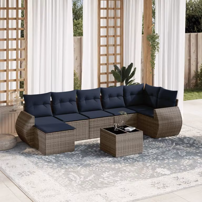 Set di divani da giardino vidaXL in polyrattan 8 pezzi con cuscini grigi e tavolino, design moderno a forma di L per esterno