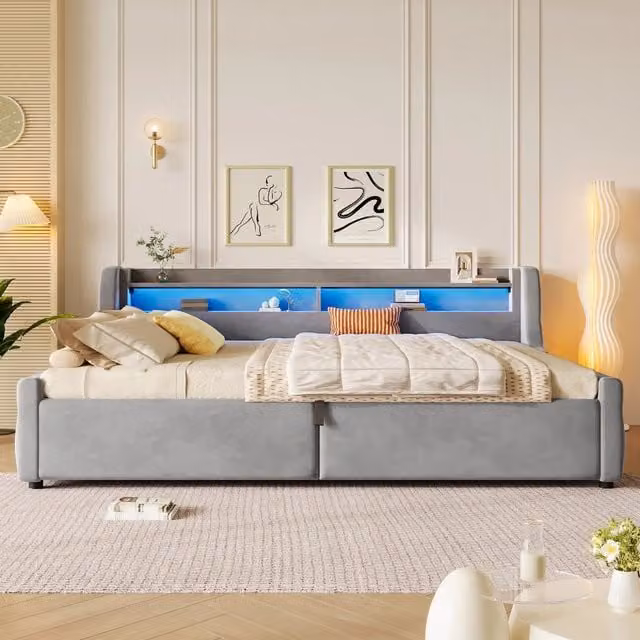 Letto contenitore 140x200 in velluto grigio; apertura idraulica e testiera LED multicolore per camera da letto