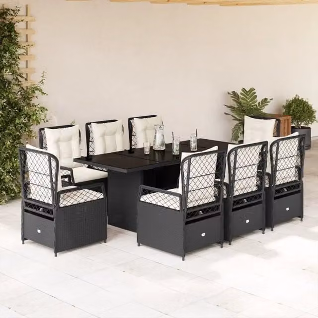 Set da Pranzo da Giardino 9 pz con Cuscini Nero in Polyrattan 3262923