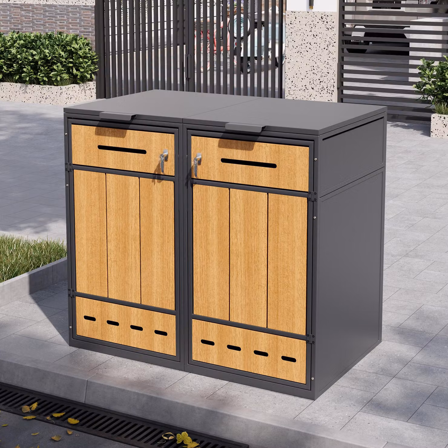Box per bidoni della spazzatura GL Store in acciaio e legno con fori di aerazione per esterni, L: 132 cm, P: 84,5 cm, H: 118 cm, Grigio e Colore naturale – 2