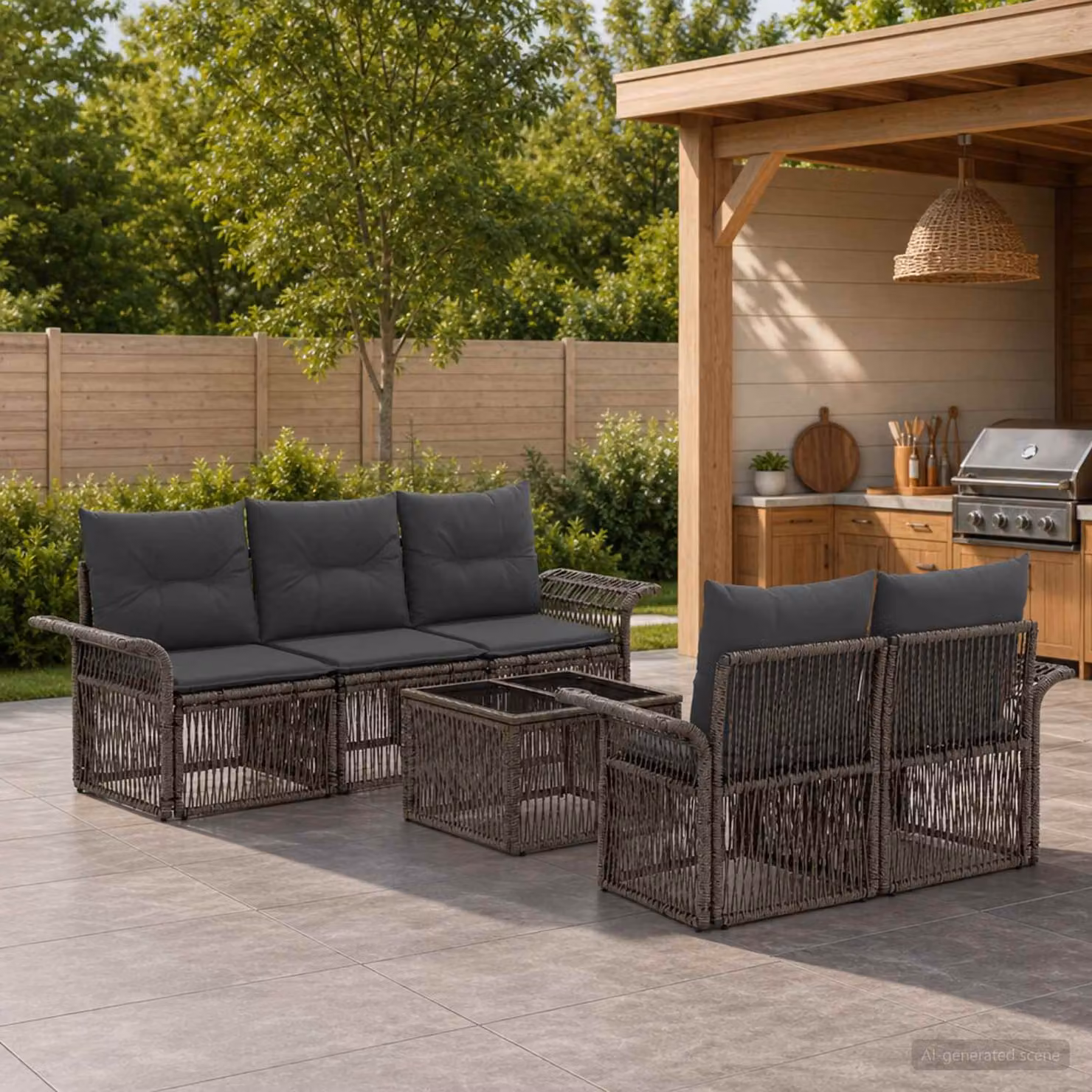Set da giardino moderno vidaXL in polyrattan grigio composto da 6 pezzi con divano a L, poltrone e tavolino da caffè con cuscini inclusi