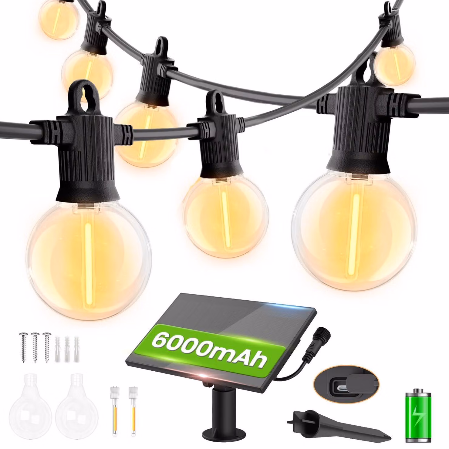 Catena luminosa solare, 30 metri, grado di protezione IP65, 40+2 lampadine a forma di sfera a LED, luce bianco caldo