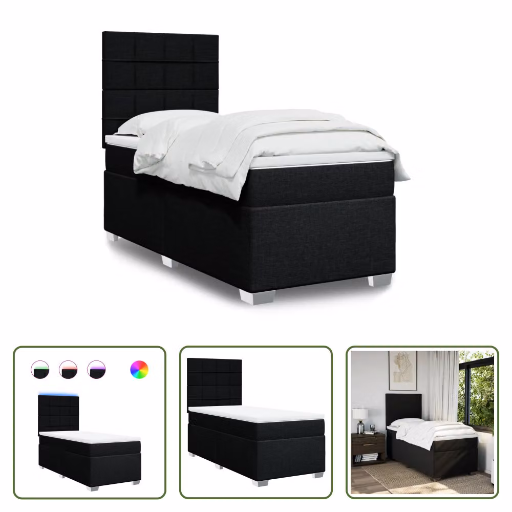The Living Store Letto a molle con materasso nero 90x200 cm in tessuto