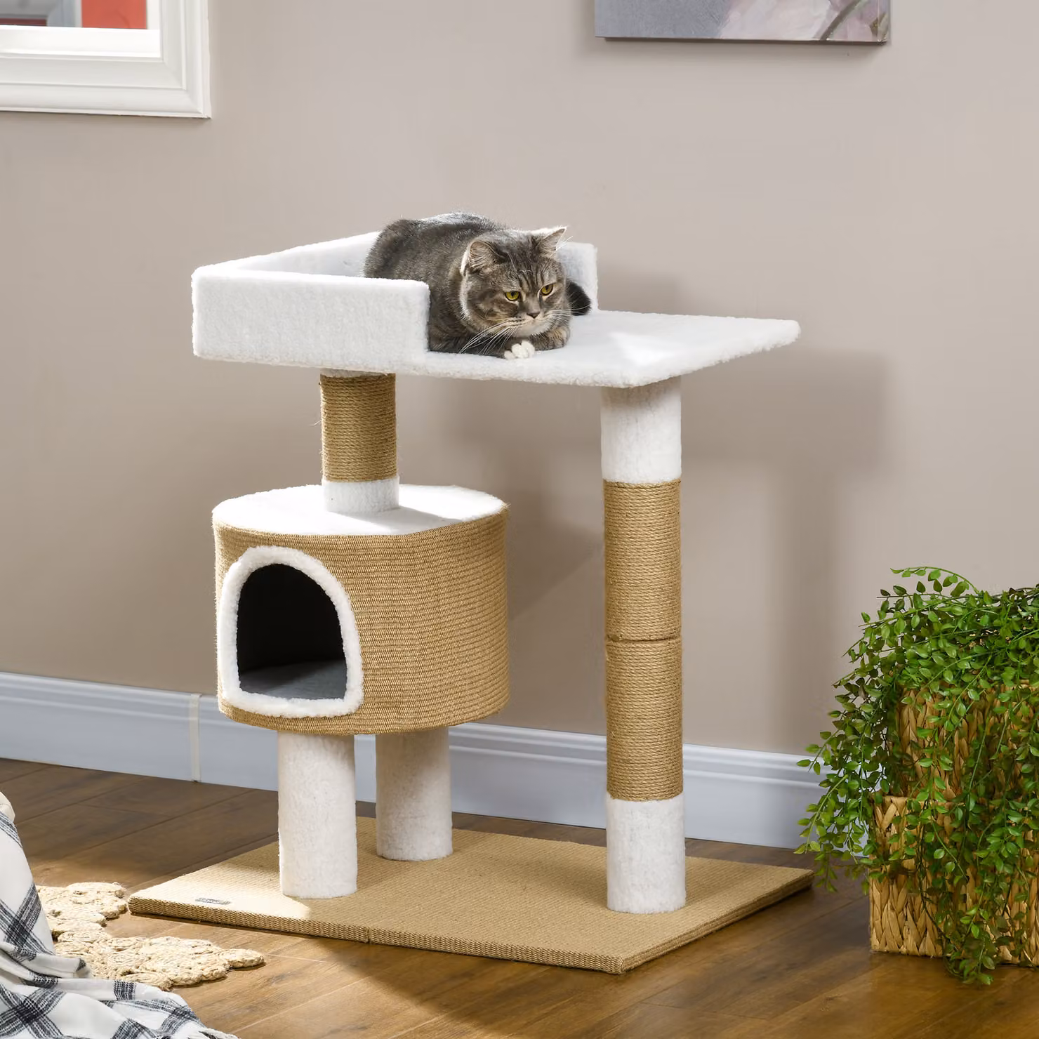 Albero tiragraffi PawHut con tana e lettiera per gatti, Naturale e Bianco, H 79 cm x L 70 cm x P 49 cm – 2