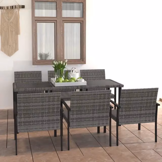 Set da pranzo da giardino vidaXL in polyrattan grigio e nero con tavolo rettangolare in vetro e metallo, 7 pezzi