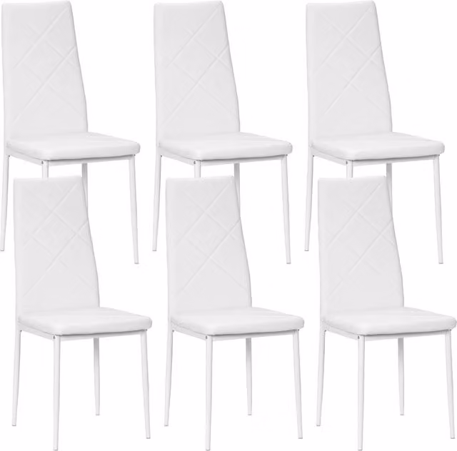 Set di 6 Sedie da Pranzo Minimal Imbottite in Ecopelle con Schienale Alto e Gambe in Metallo, Colore Bianco, L/P/H: 41 x 50 x 97 cm