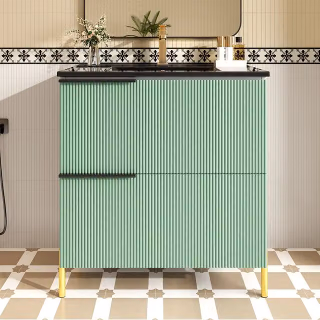 Mobile bagno con lavabo in ceramica, mobile sottolavabo verde in MDF con due cassetti