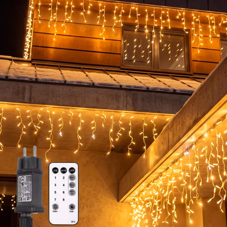 Catena luminosa a forma di cristalli di ghiaccio, lunghezza 15 metri, 300 LED, luce bianco caldo, timer, 8 modalità, grado di protezione IP44/IP65