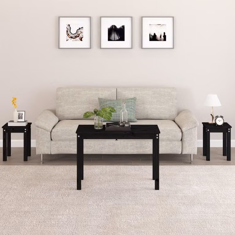 Set di 3 tavolini a incastro vidaXL in legno massello di pino, colore nero, design moderno per soggiorno o camera da letto