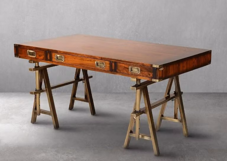 Casa Padrino scrivania in stile industriale vintage marrone / ottone 149 x 85 x h. 77,5 cm - Scrivania con 3 cassetti - Mobili da ufficio in stile industriale vintage