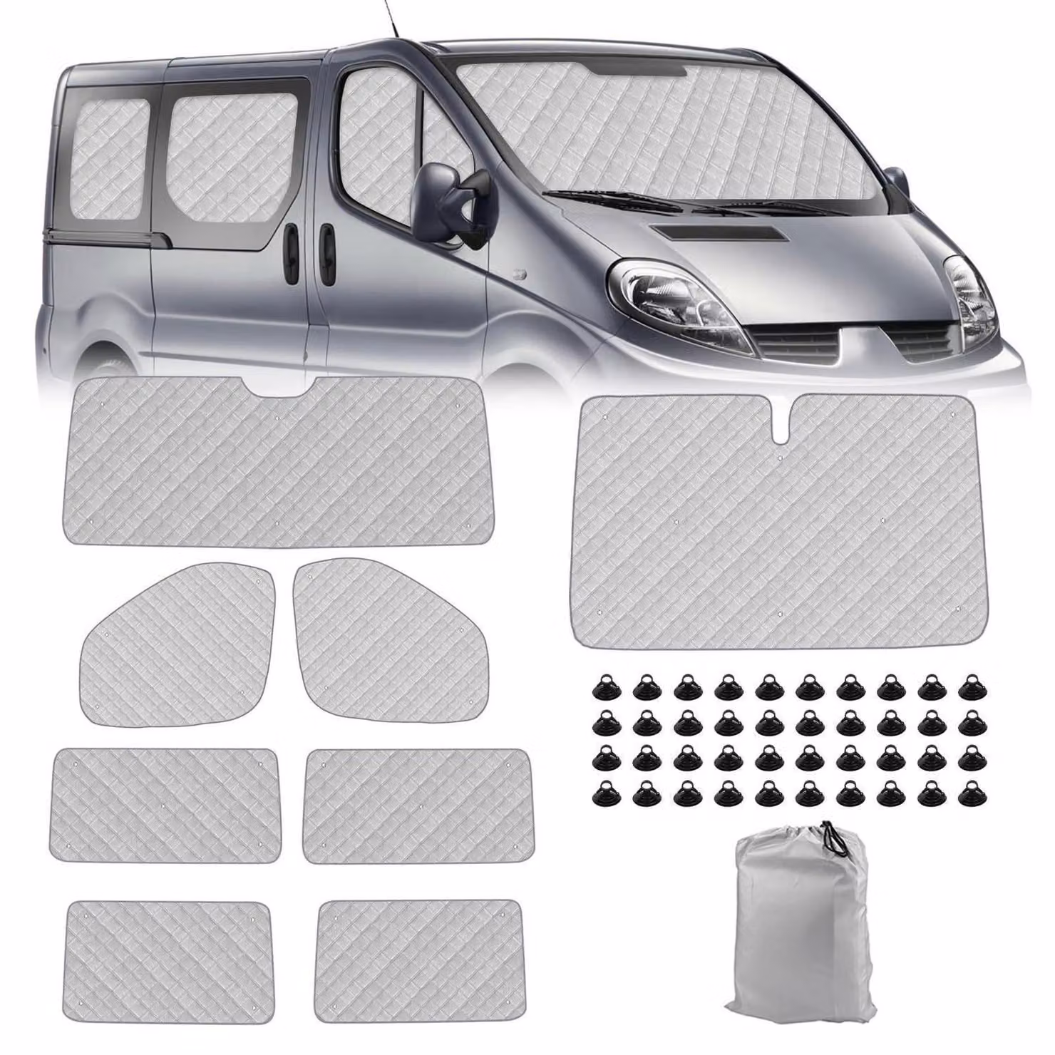 Set di 8 tappetini termici per Renault Trafic (modello a passo corto) dal 2015 al 2024, Vivaro dal 2014 al 2018, NV300 dal 2014 al 2021, Talento dal 2016 al 2020, e parasole per parabrezza