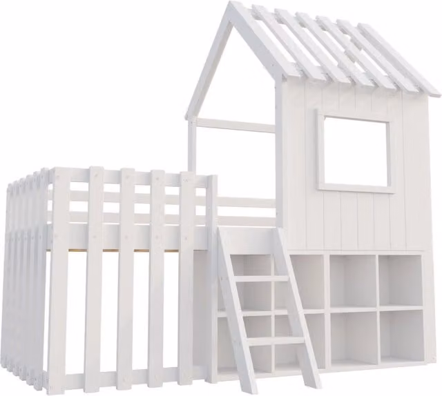 Letto a castello per bambini 90x200 cm in legno massello con design a casetta, scala e spazio contenitivo aperto, colore bianco