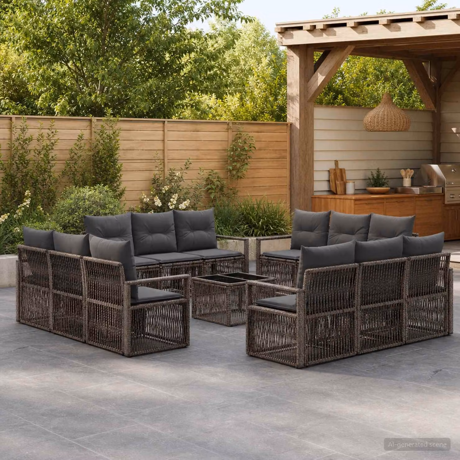 Set Divano da Giardino vidaXL 13 pz Grigio in Polyrattan con Tavolino e Cuscini Imbottiti a Forma di U