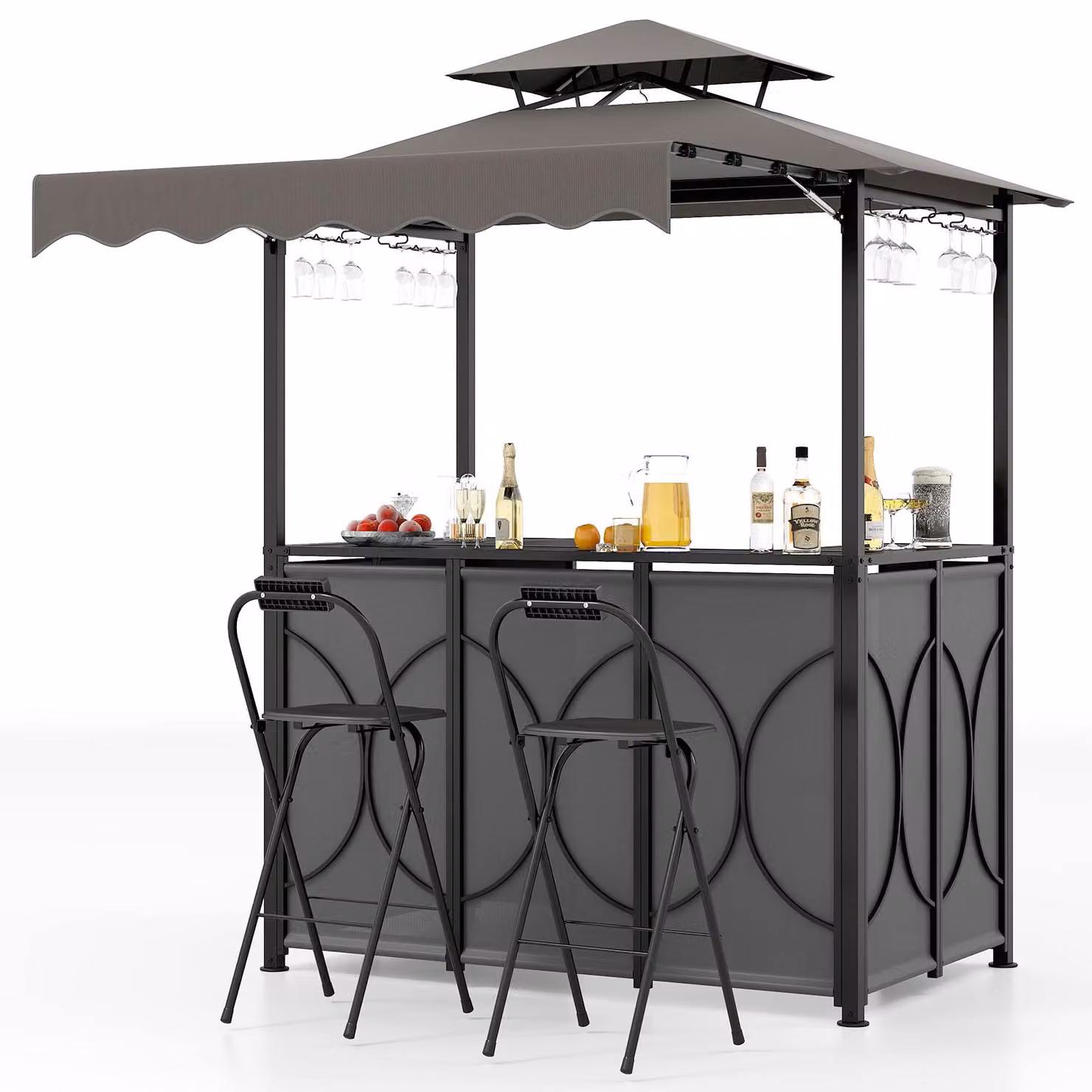 COSTWAY Padiglione barbecue 3 pezzi con bar e 2 sgabelli, padiglione da giardino con doppio tetto e tenda da sole, tettoie per barbecue resistenti alle intemperie, 193x117x240cm grigio