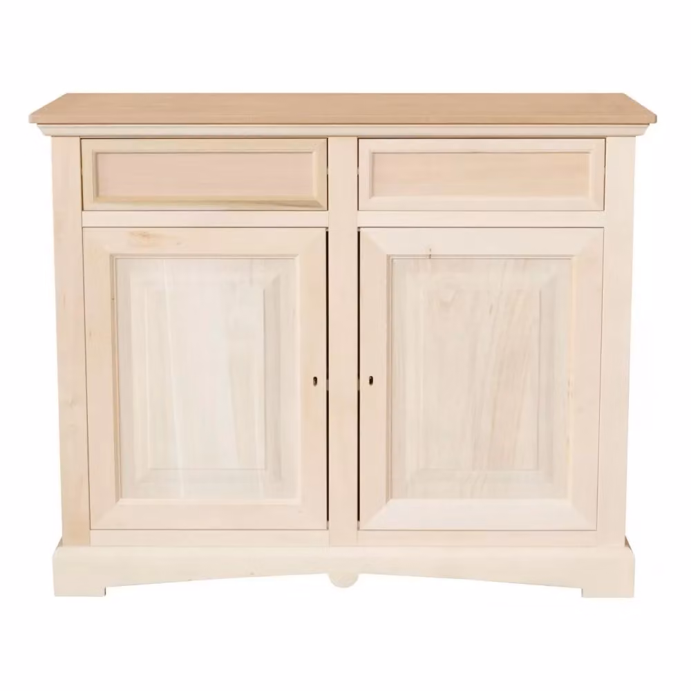 Credenza in legno di pino grezzo Mobili 2G con 2 porte e 2 cassetti L: 117 cm, P: 46 cm, H: 96 cm